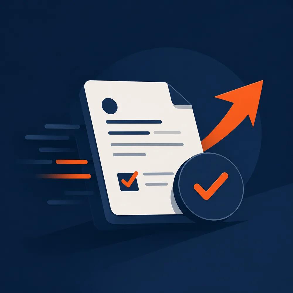 Low-doc finance illustration showing a fast-tracked application document with an approval tick