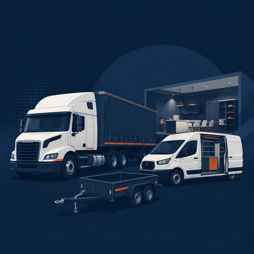 Asset finance illustration showing a prime mover truck with trailer and a fit-out van