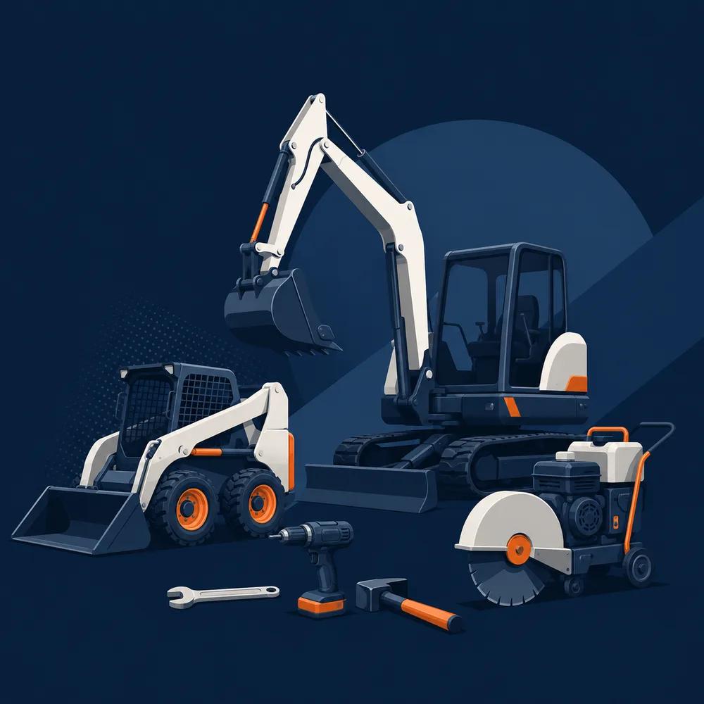 Equipment finance illustration showing an excavator, skid-steer loader and power tools